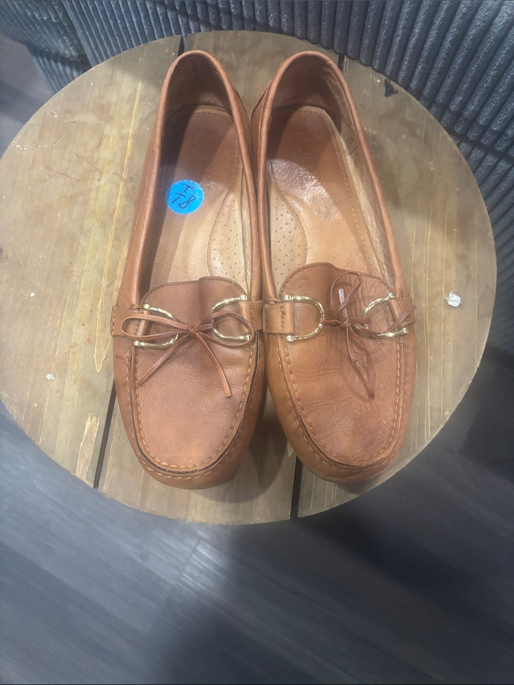 Lauren Ralph Lauren Tan Leather Moccasin Loafers with Bow and Gold Accent